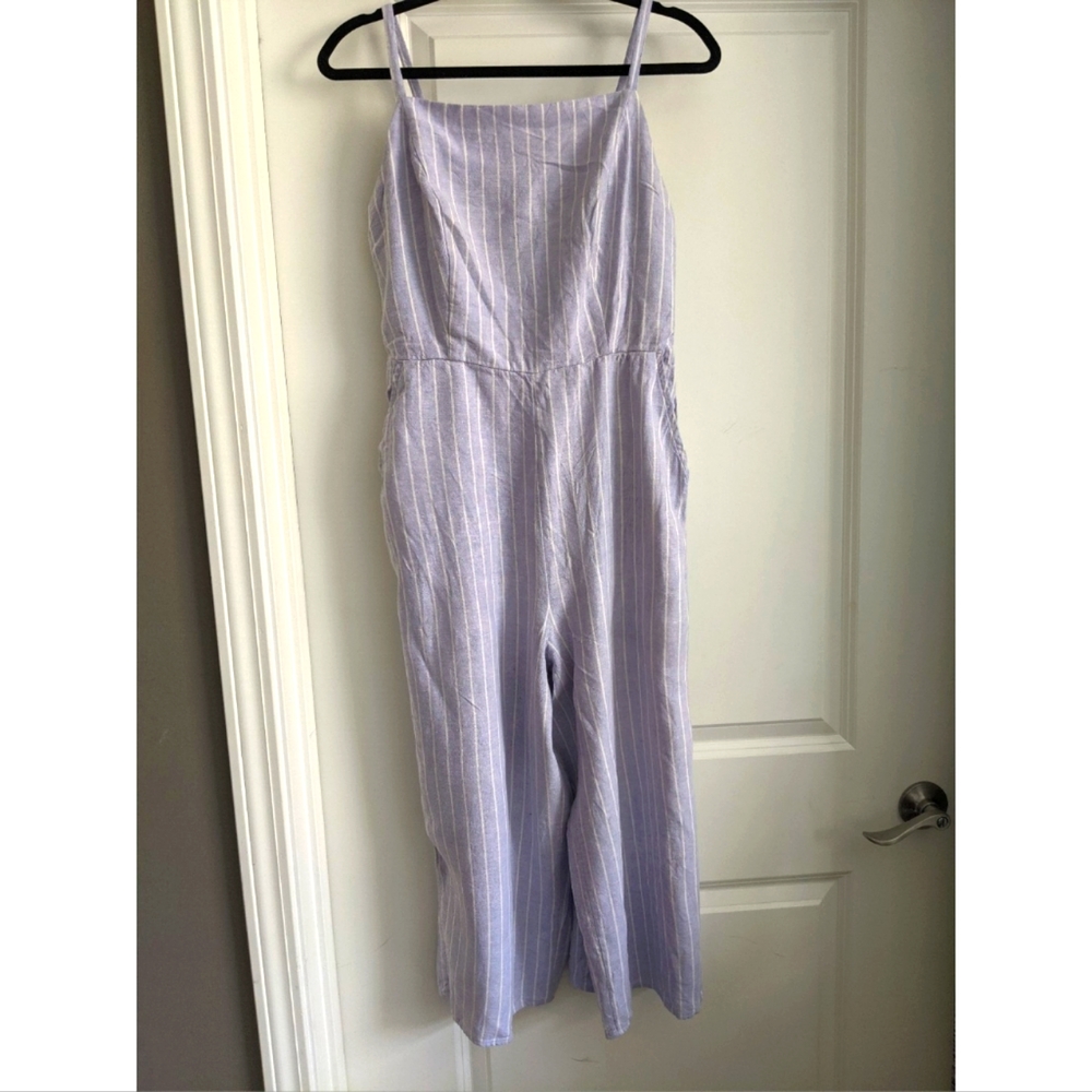 Waist-Defined Square-Neck Linen-Blend Purple Cami Jumpsuit